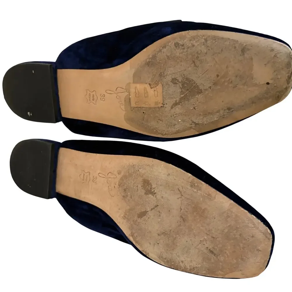 Joie Jean Navy Blue Velvet Leather Mules w/ Bow Flat Slides Glam Coquette